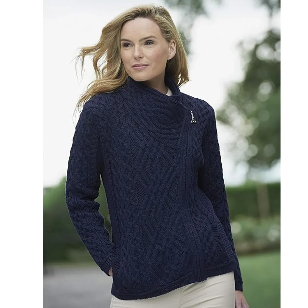 100% Merino Wool Cable Knit Cardigan With Side Zip Navy