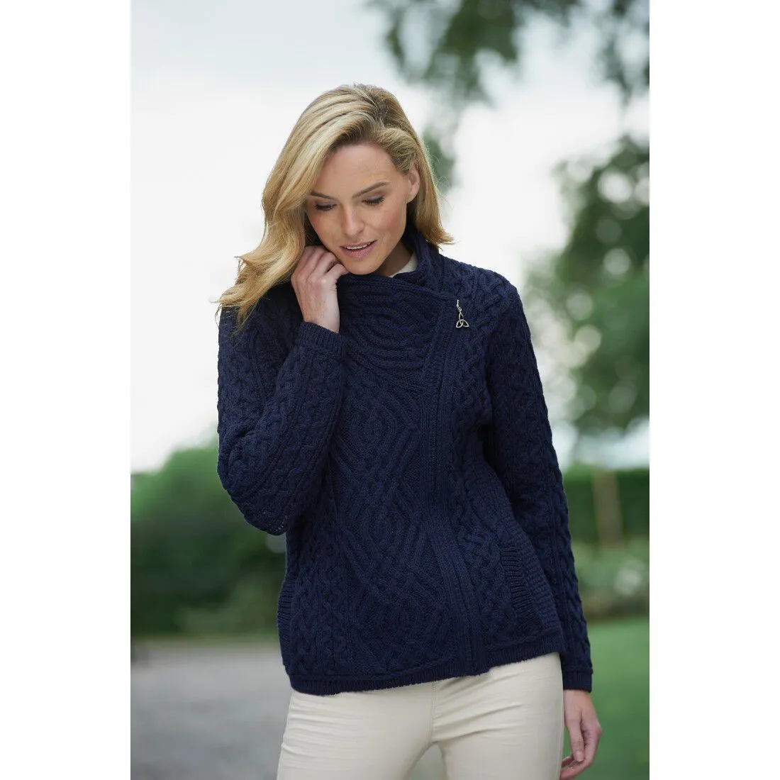 100% Merino Wool Cable Knit Cardigan With Side Zip Navy