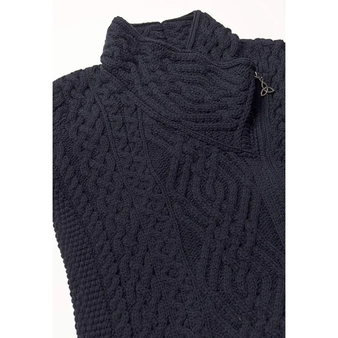 100% Merino Wool Cable Knit Cardigan With Side Zip Navy