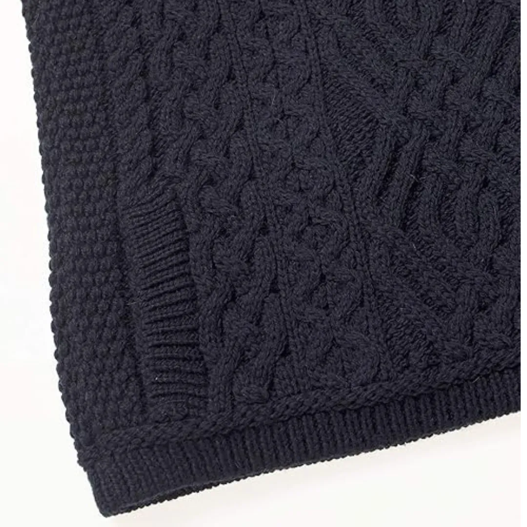 100% Merino Wool Cable Knit Cardigan With Side Zip Navy