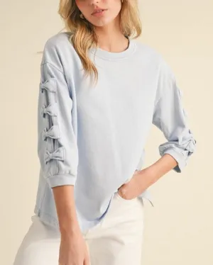 3/4 Sleeve Top with Bow Detail - Blue