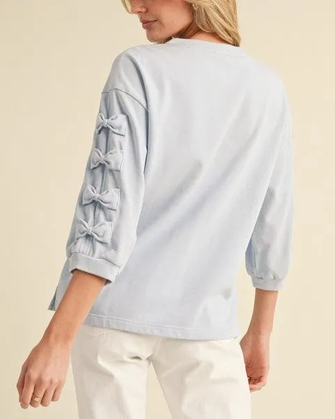 3/4 Sleeve Top with Bow Detail - Blue