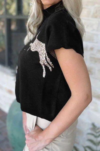 Animal Print Mock Neck Short Sleeve Sweater