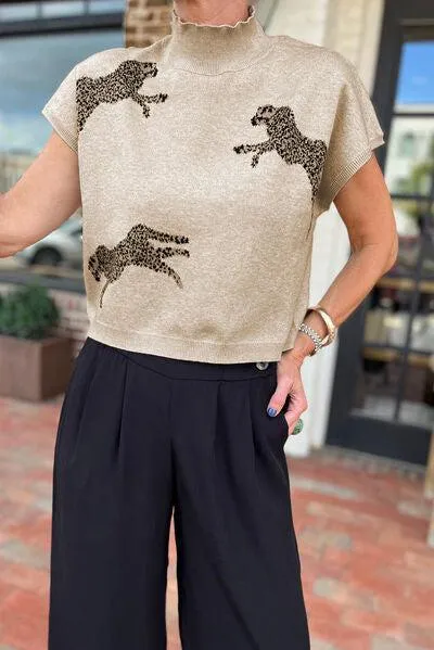 Animal Print Mock Neck Short Sleeve Sweater