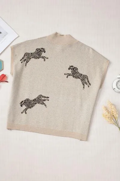Animal Print Mock Neck Short Sleeve Sweater