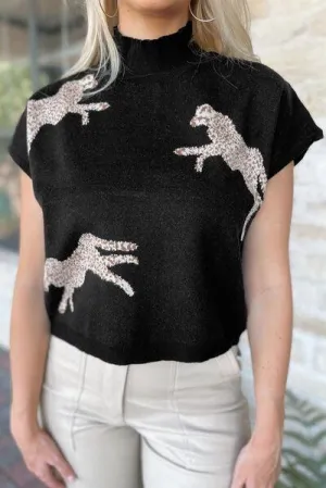 Animal Print Mock Neck Short Sleeve Sweater