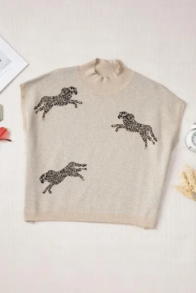 Animal Print Mock Neck Short Sleeve Sweater