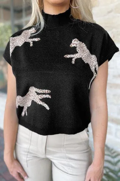 Animal Print Mock Neck Short Sleeve Sweater
