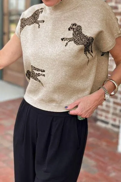 Animal Print Mock Neck Short Sleeve Sweater