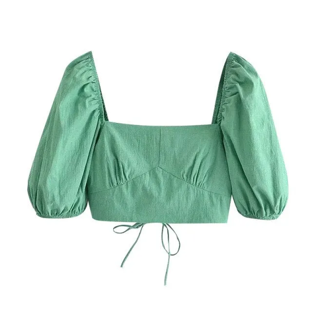 BACK CROSS STRAPS CROPPED BLOUSE