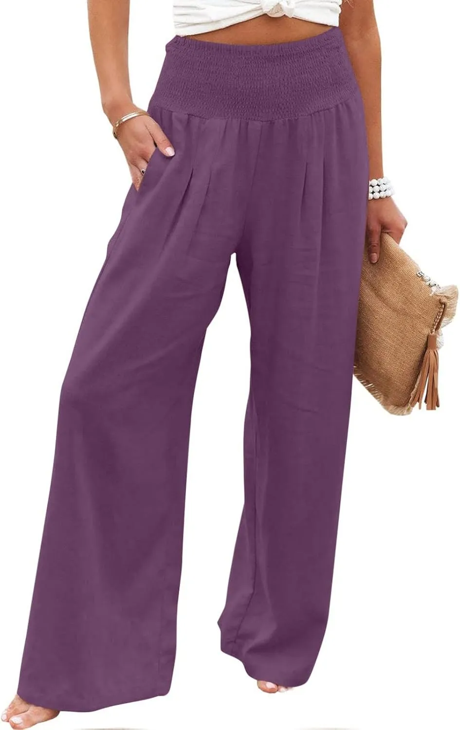 Beach Pants for Women Summer Womens Wide Leg Linen Palazzo Pants Dressy Casual Elastic Waisted Loose Fit Trousers