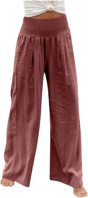Beach Pants for Women Summer Womens Wide Leg Linen Palazzo Pants Dressy Casual Elastic Waisted Loose Fit Trousers