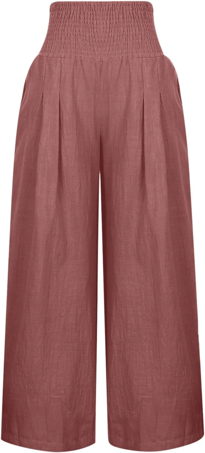 Beach Pants for Women Summer Womens Wide Leg Linen Palazzo Pants Dressy Casual Elastic Waisted Loose Fit Trousers
