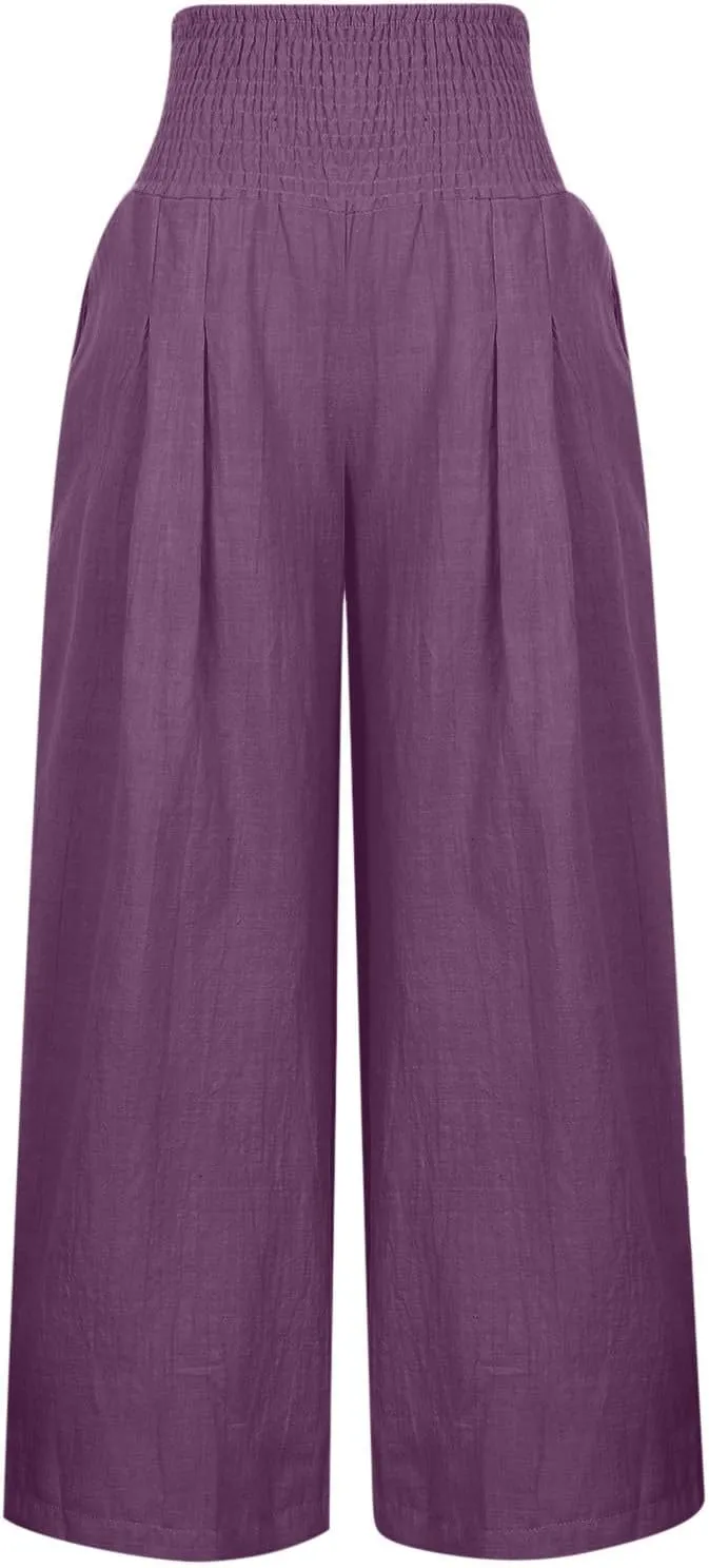 Beach Pants for Women Summer Womens Wide Leg Linen Palazzo Pants Dressy Casual Elastic Waisted Loose Fit Trousers