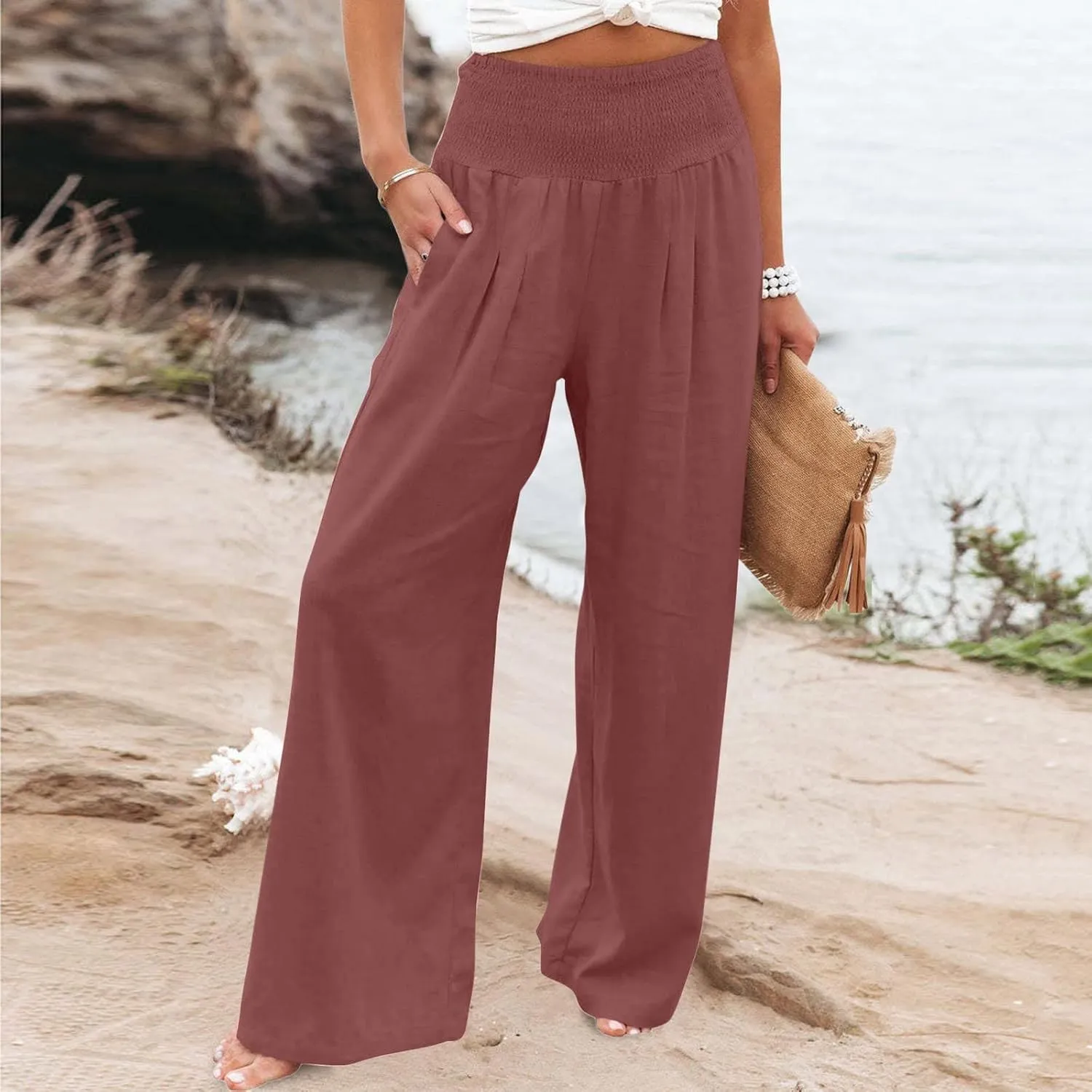 Beach Pants for Women Summer Womens Wide Leg Linen Palazzo Pants Dressy Casual Elastic Waisted Loose Fit Trousers