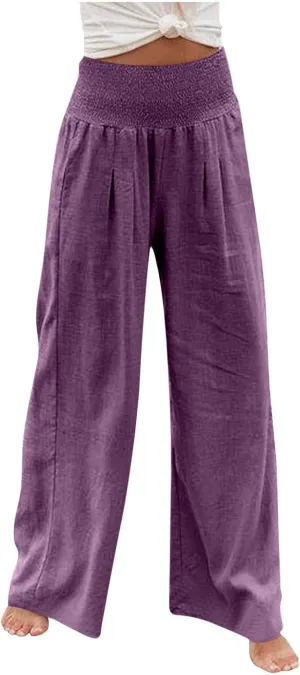 Beach Pants for Women Summer Womens Wide Leg Linen Palazzo Pants Dressy Casual Elastic Waisted Loose Fit Trousers