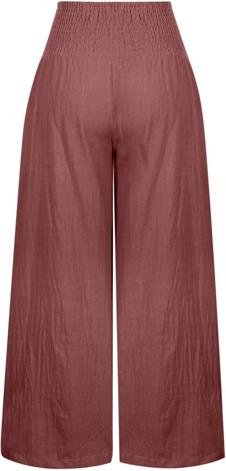 Beach Pants for Women Summer Womens Wide Leg Linen Palazzo Pants Dressy Casual Elastic Waisted Loose Fit Trousers
