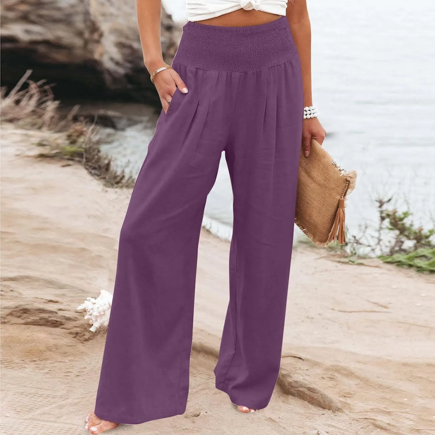 Beach Pants for Women Summer Womens Wide Leg Linen Palazzo Pants Dressy Casual Elastic Waisted Loose Fit Trousers