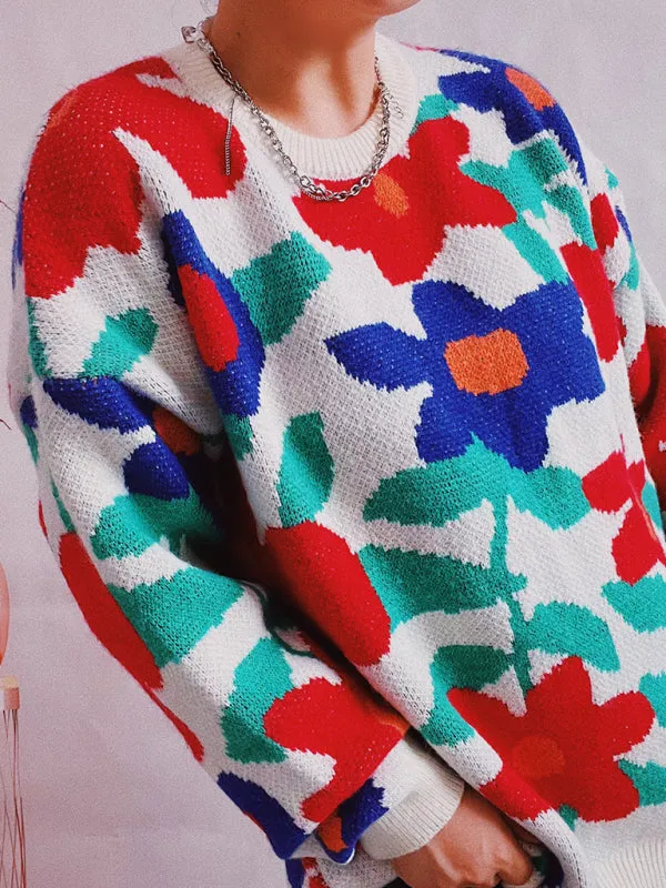 Big Flower Embroidered Crew Neck Drop-Shoulder Sleeve Sweater