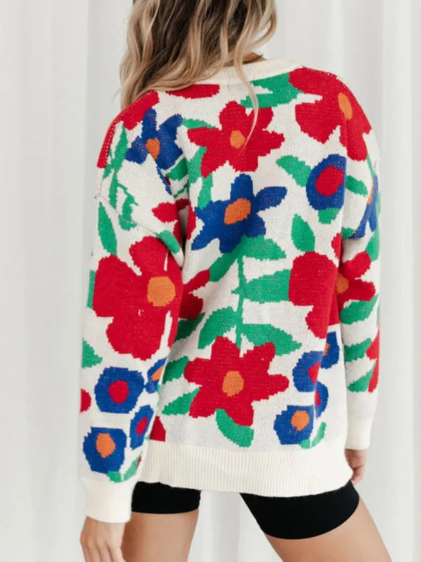 Big Flower Embroidered Crew Neck Drop-Shoulder Sleeve Sweater