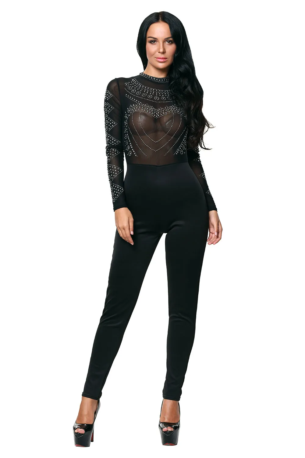 Black Long Sleeve Studded Mesh Top Jumpsuit
