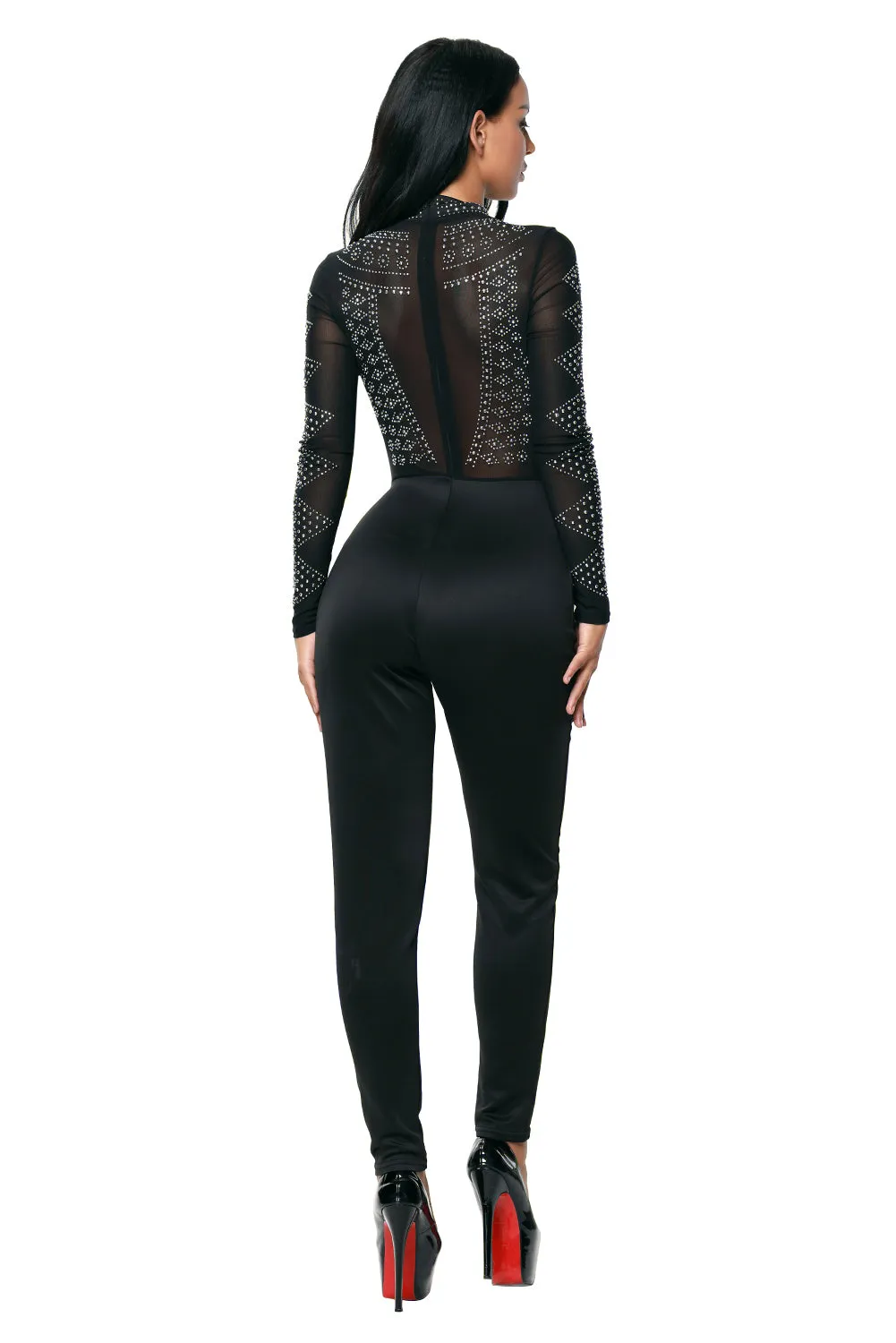 Black Long Sleeve Studded Mesh Top Jumpsuit