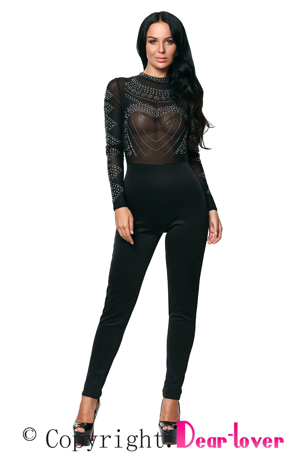 Black Long Sleeve Studded Mesh Top Jumpsuit