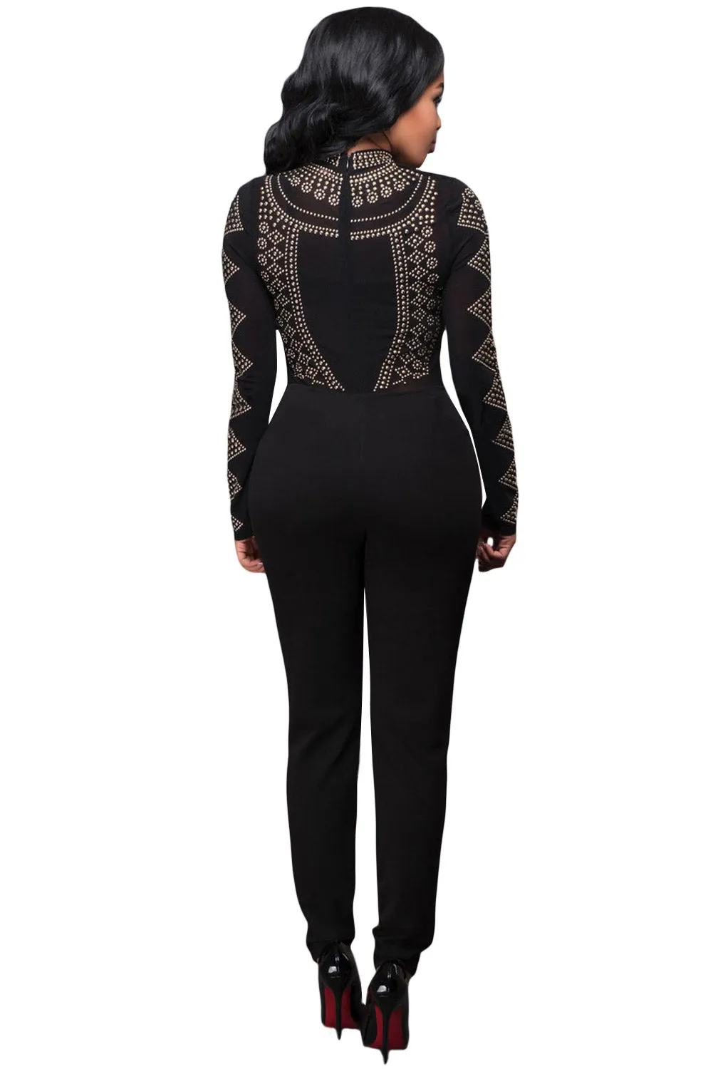 Black Long Sleeve Studded Mesh Top Jumpsuit