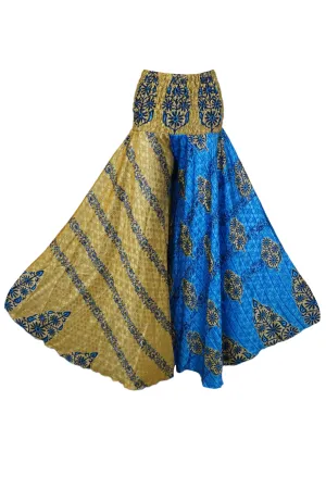 Bohemian Beige & Blue Wide-Leg Palazzo  Elegance with a Flowing Divided Design SM