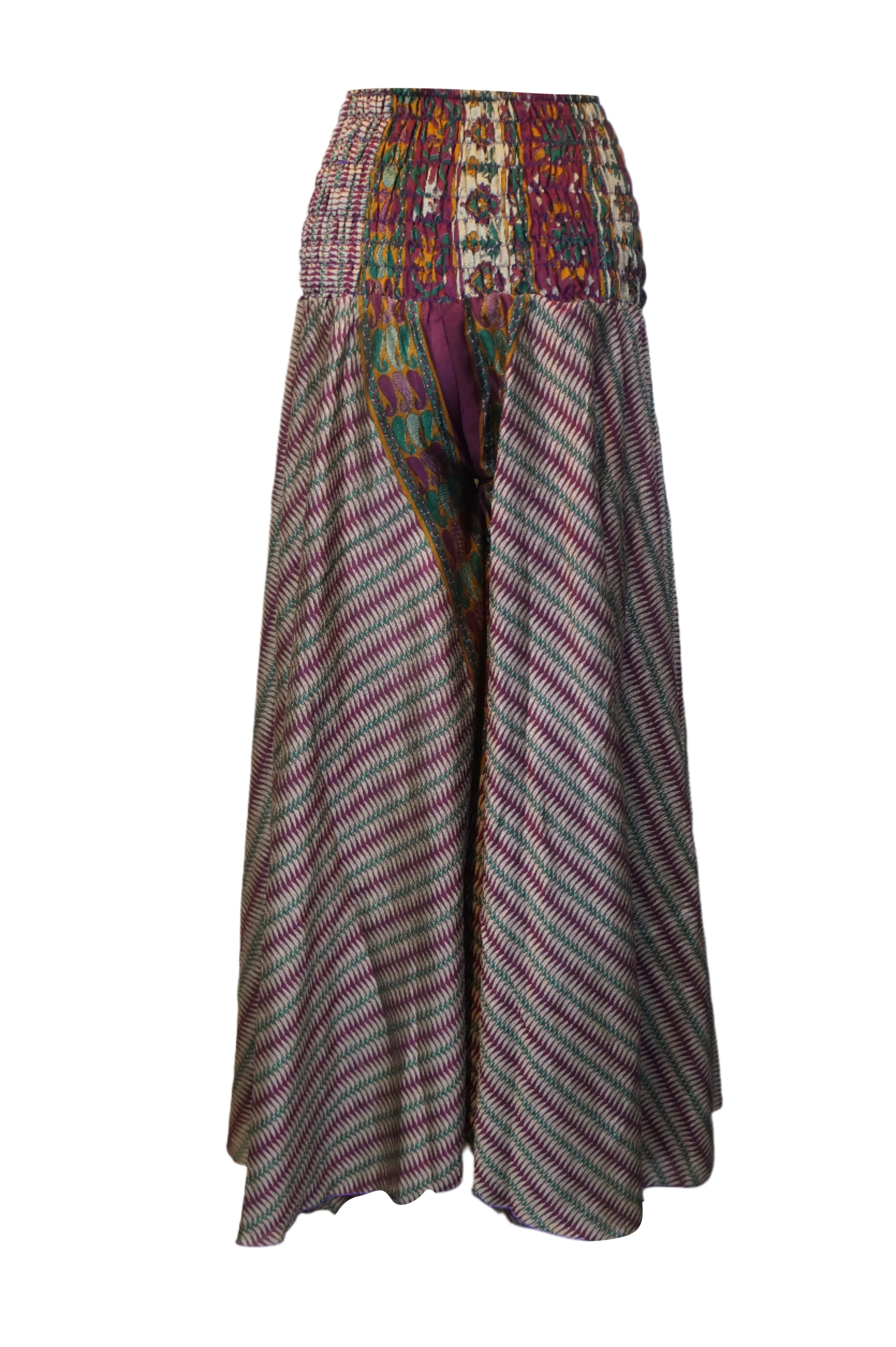 Boho Free-Flow Flare Pants – Purple and Green Floral Print, Hippie Divided Pant SM