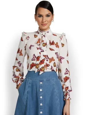 Butterfly-Print Long-Sleeve Bow-Neck Blouse