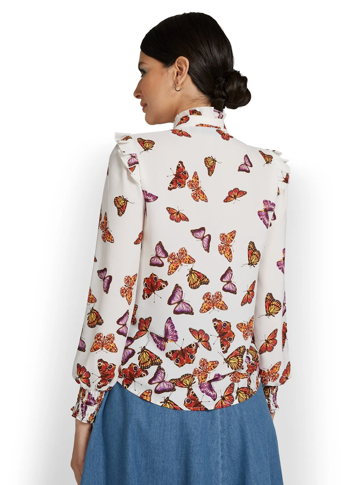 Butterfly-Print Long-Sleeve Bow-Neck Blouse