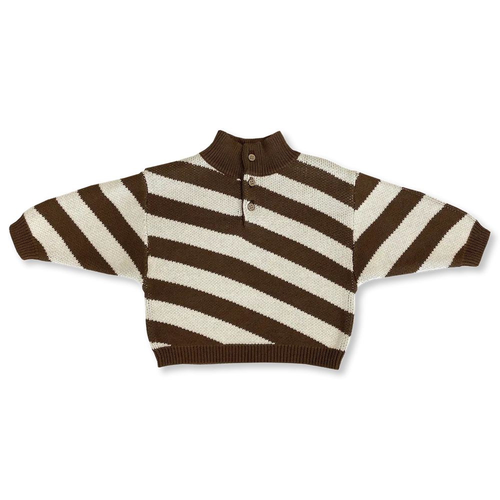 Button Up Diagonal Stripe Pull Over - Espresso