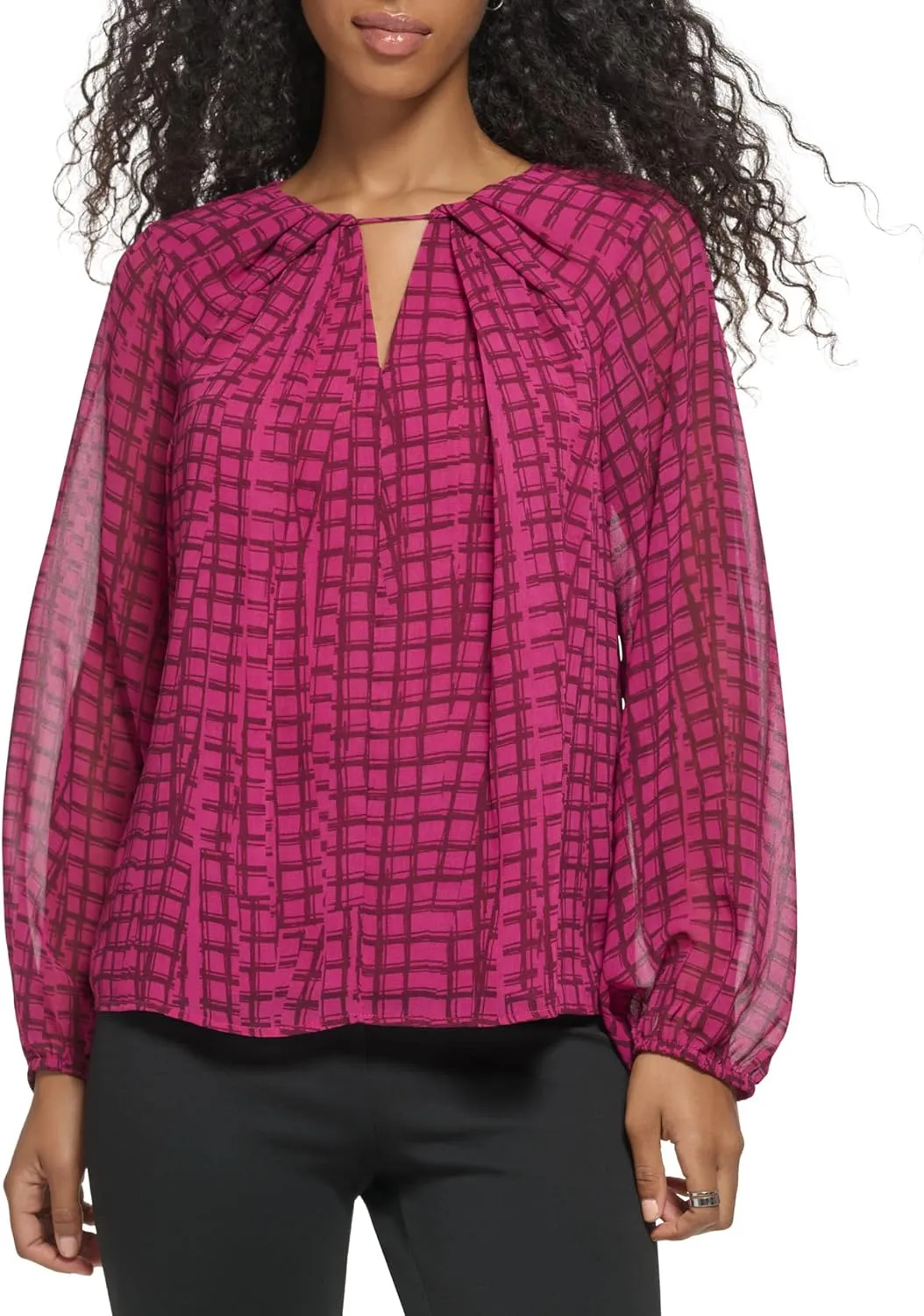 Calvin Klein Women's Loose Fit Elevated Shirred Front Poly Chiffon Blouse