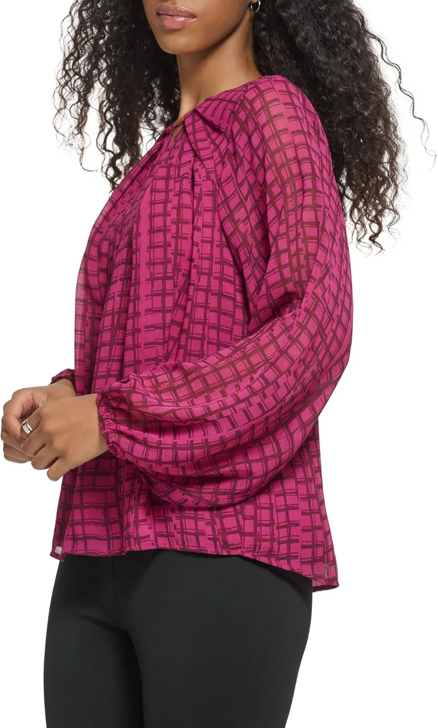 Calvin Klein Women's Loose Fit Elevated Shirred Front Poly Chiffon Blouse