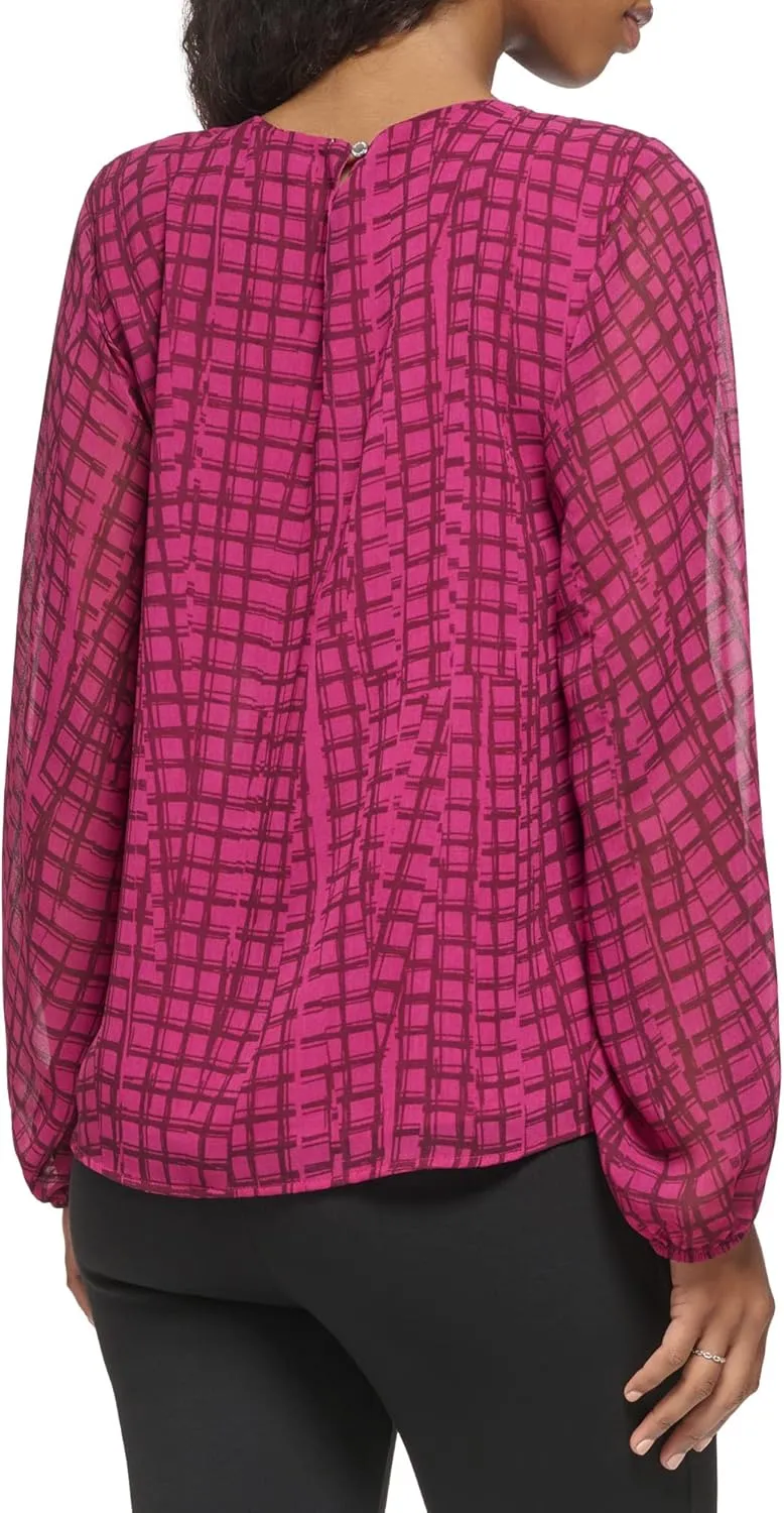 Calvin Klein Women's Loose Fit Elevated Shirred Front Poly Chiffon Blouse
