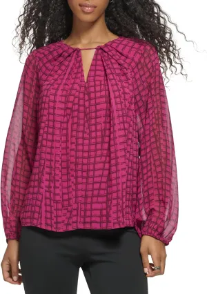 Calvin Klein Women's Loose Fit Elevated Shirred Front Poly Chiffon Blouse
