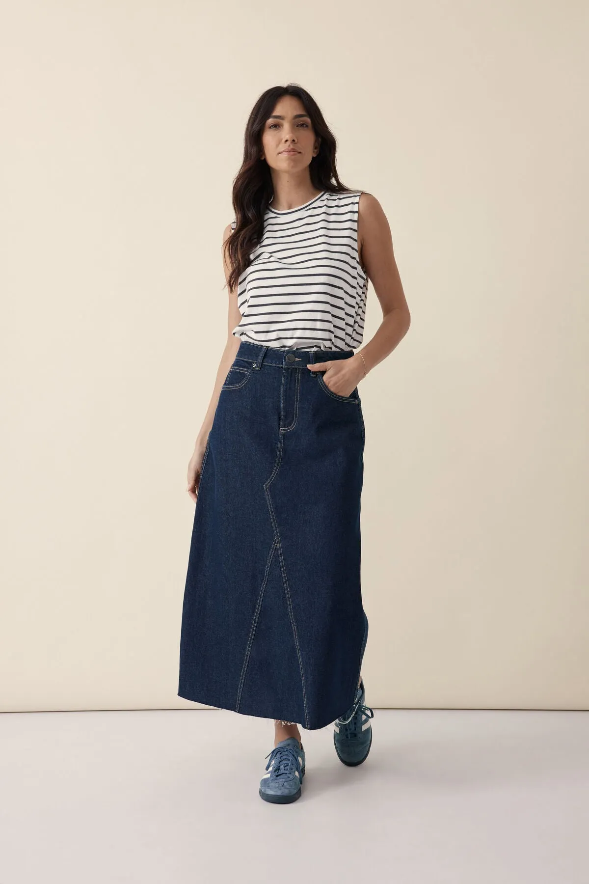 Ceres Life A Line Denim Maxi Skirt Midnight