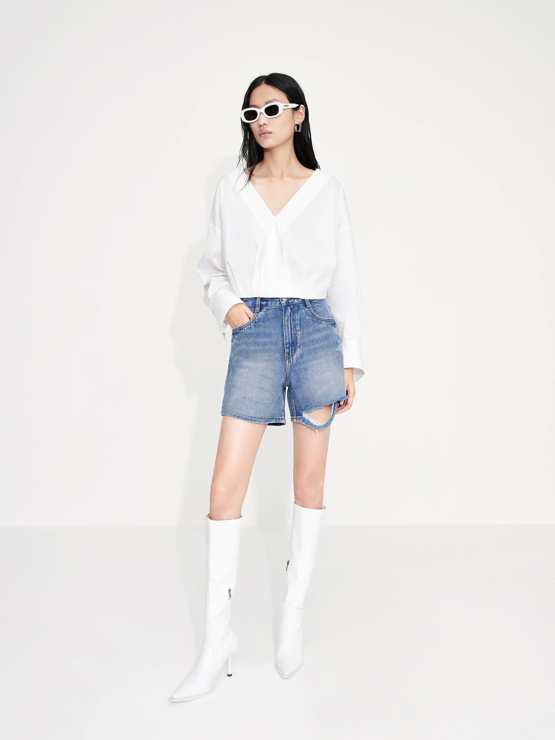 Cropped V-neck Cotton Top