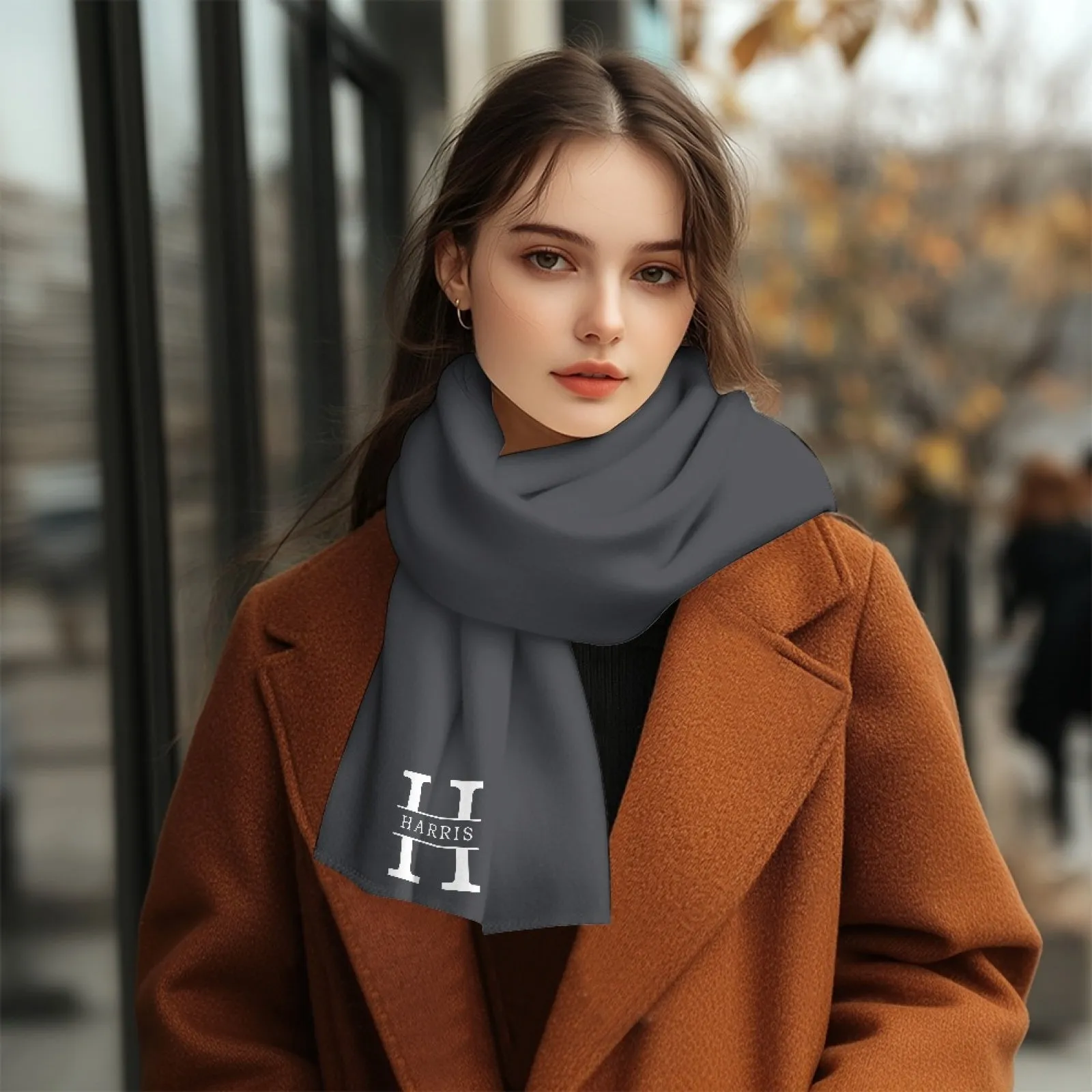 Custom Initials & Name Grey Fluffy Scarf Soft&High Elasticity Winter Gift