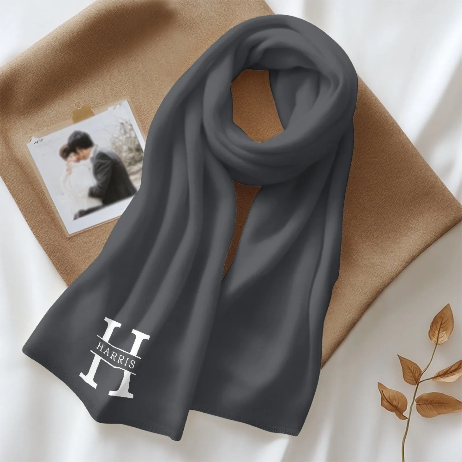 Custom Initials & Name Grey Fluffy Scarf Soft&High Elasticity Winter Gift