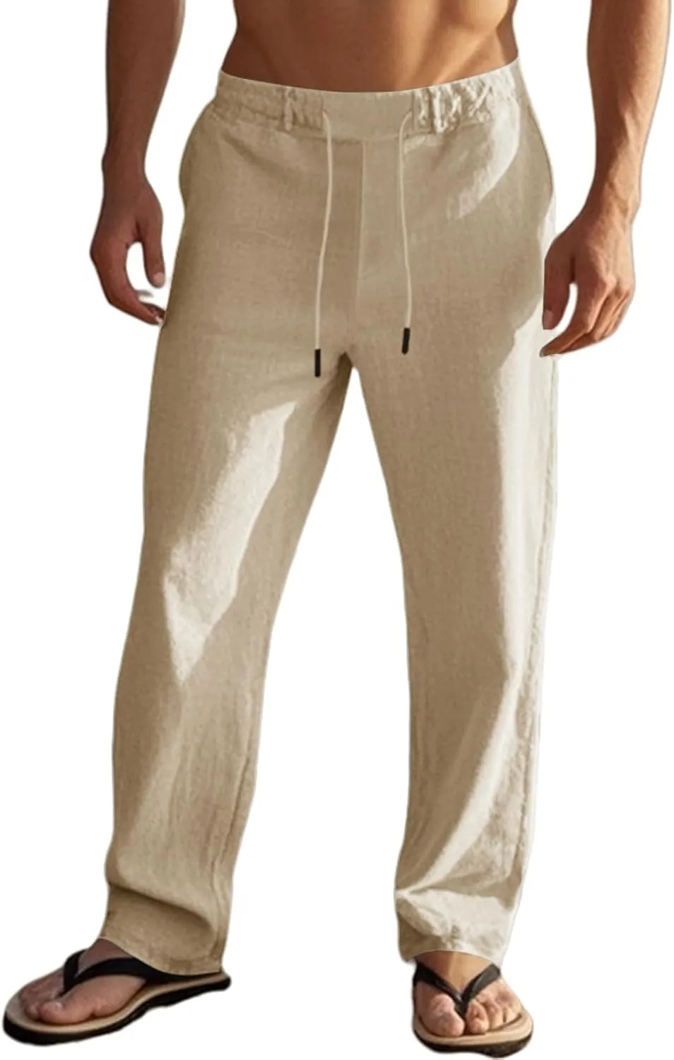 evzosrz Linen Pants fo Men Casual High Waisted Elastic Drawstring Trousers Straight Legs Cotton Linen Fashion 2025 Beach Pant