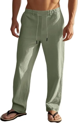 evzosrz Linen Pants fo Men Casual High Waisted Elastic Drawstring Trousers Straight Legs Cotton Linen Fashion 2025 Beach Pant