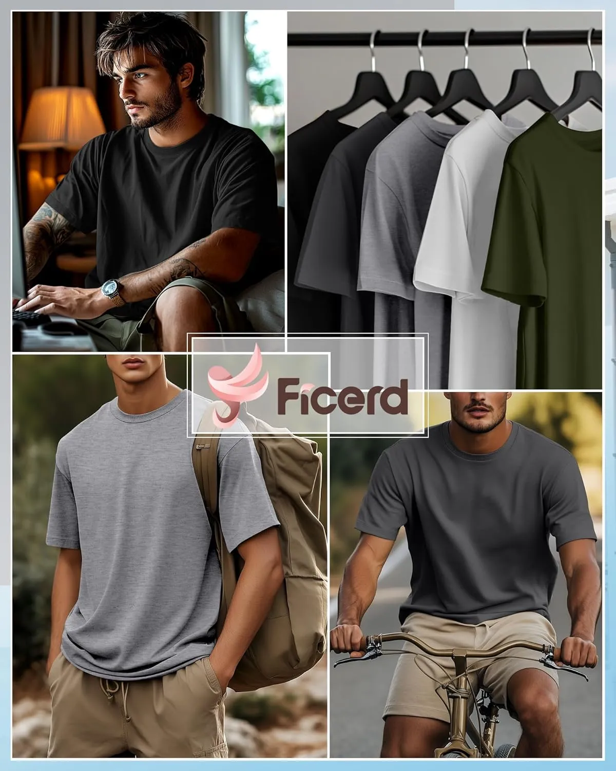 Ficerd 5 Pack Men's Big and Tall Shirts Short Sleeve Cotton Tee Summer Crew Neck Oversize Top Loose Fit Shirt Multipack