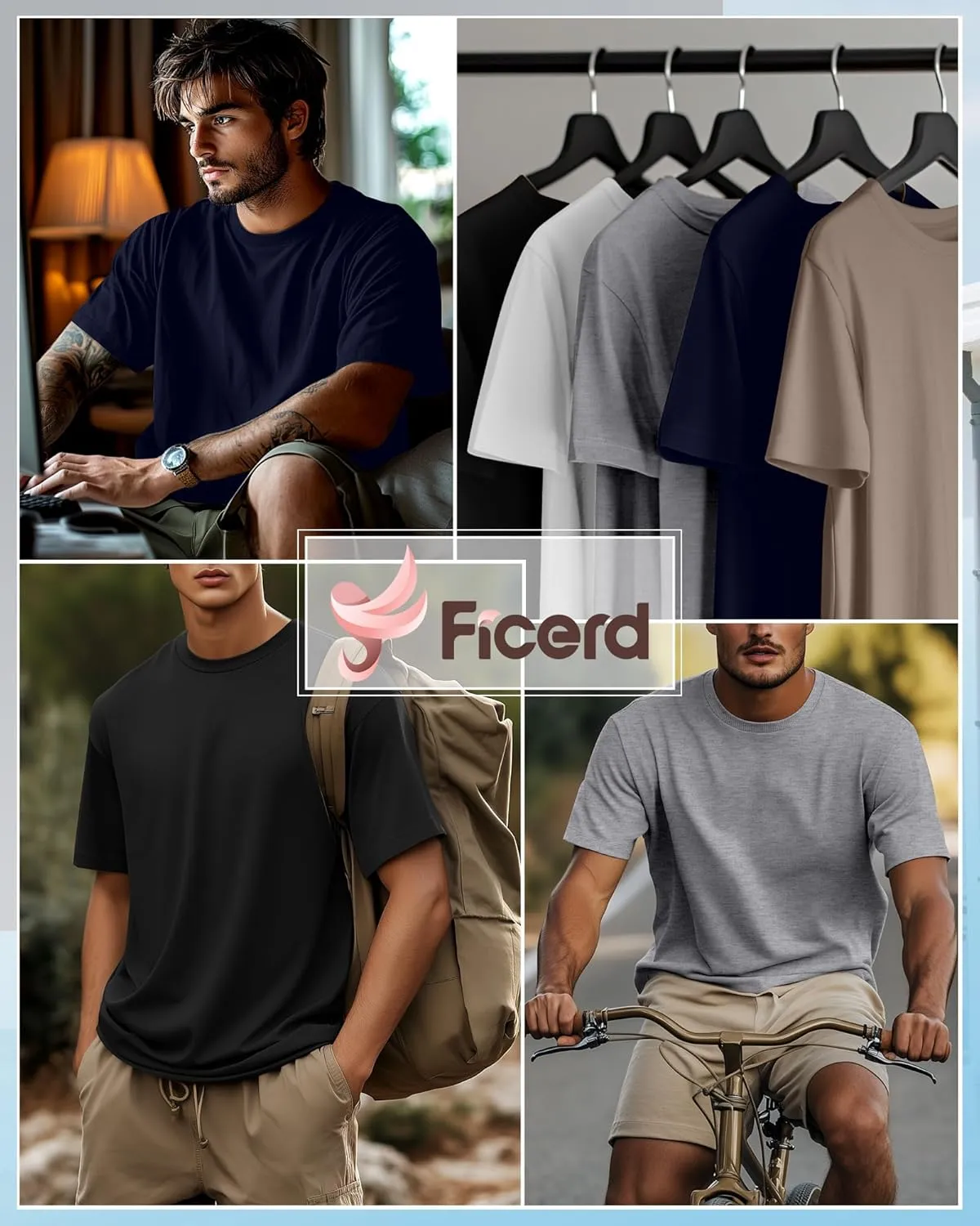 Ficerd 5 Pack Men's Big and Tall Shirts Short Sleeve Cotton Tee Summer Crew Neck Oversize Top Loose Fit Shirt Multipack