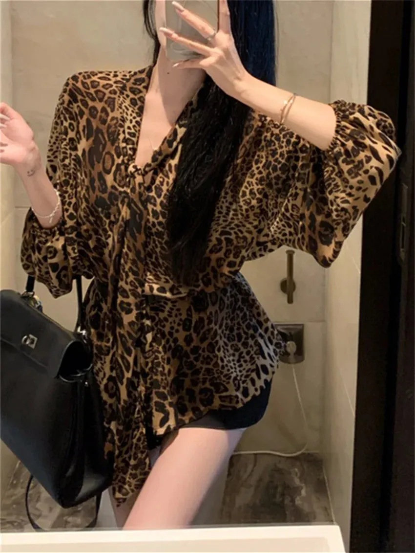 Girlary Chic Leopard Fashion Blouses Women Vintage 2024 Daily Sexy Autumn New Slim Casual Work Wear Elegant Daily Full Sleeve