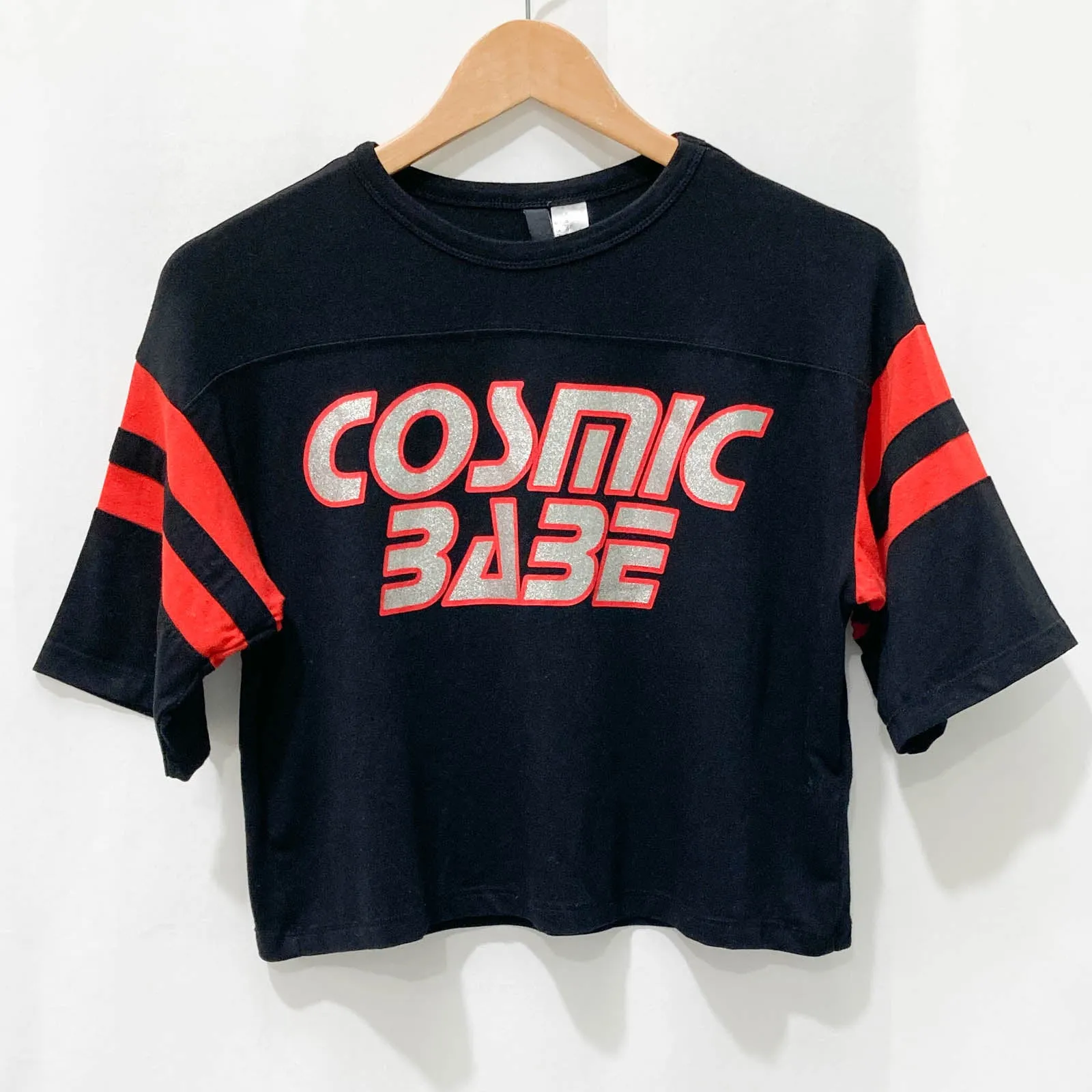H&M Divided Black & Red Glitter Cosmic Babe Slogan Cropped T-Shirt XS