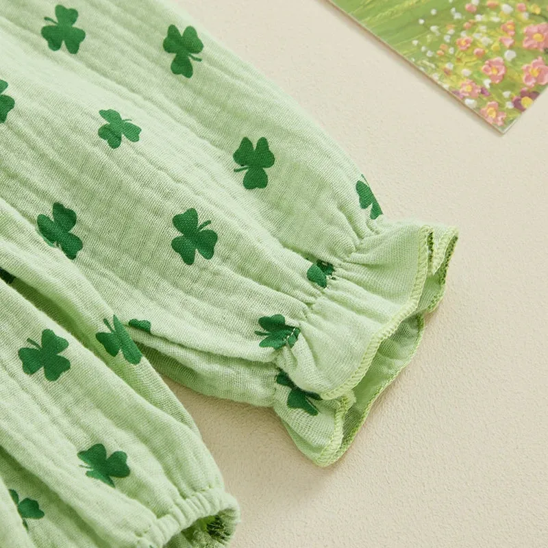 Infant Girls Romper Long Sleeve 100% Cotton, Cute Clover Print Baby Jumpsuits with Hairband