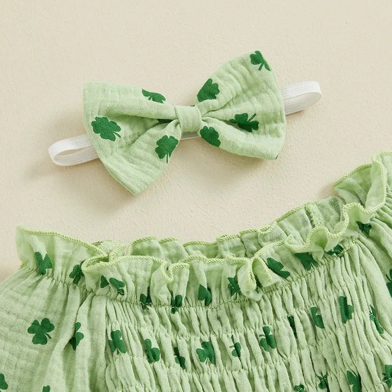 Infant Girls Romper Long Sleeve 100% Cotton, Cute Clover Print Baby Jumpsuits with Hairband