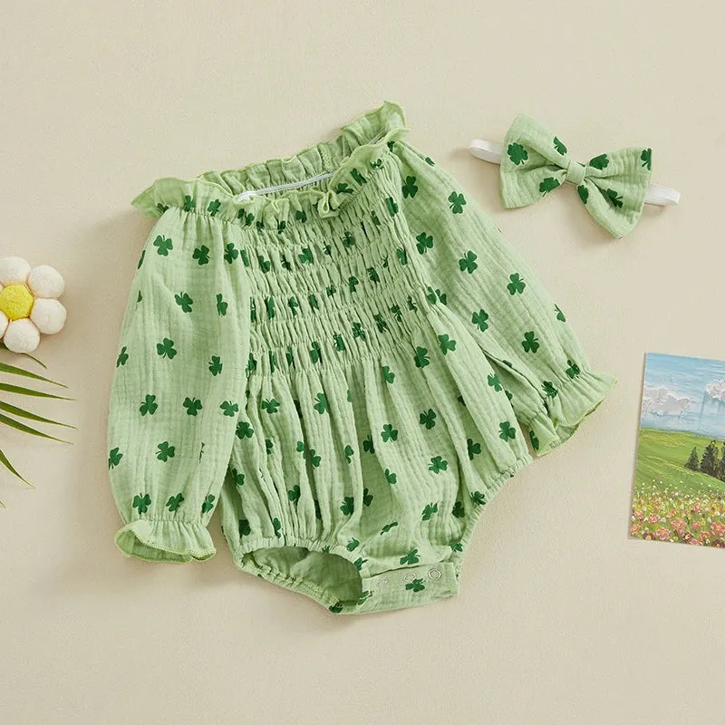 Infant Girls Romper Long Sleeve 100% Cotton, Cute Clover Print Baby Jumpsuits with Hairband